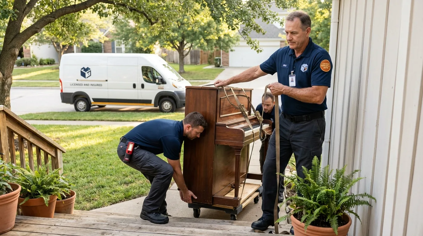 Licensed piano movers securing grand piano in Heyworth, IL