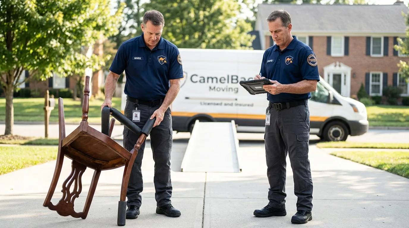 Movers inspecting furniture for damage prevention before loading in Heyworth, IL